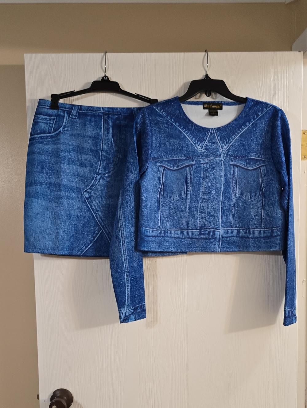 Blue FAUX Denim-Print Mini Skirt Set